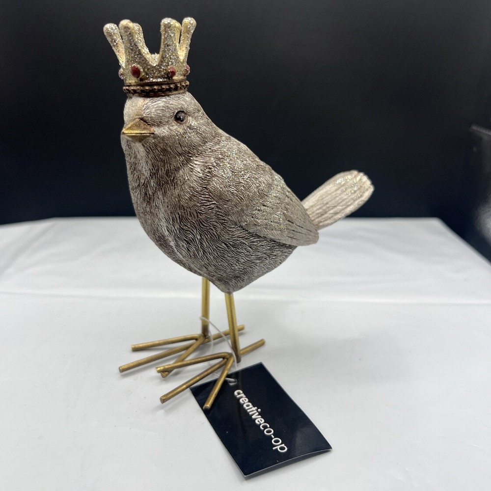 Creative Co-Op Crowned Bird Figurine Silver Gold Resin Royalty Statue Home Decor